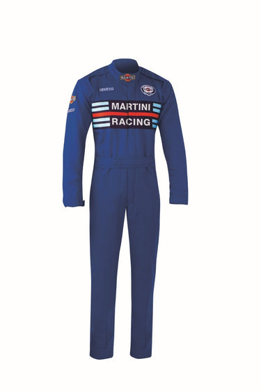 Front view of Sparco Martini Racing Mechanic Suit showing iconic retro livery and blue crew-style design